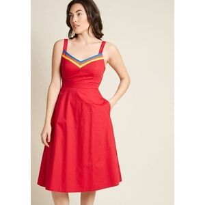 Modcloth Red Midi Dress with Colorful Trim